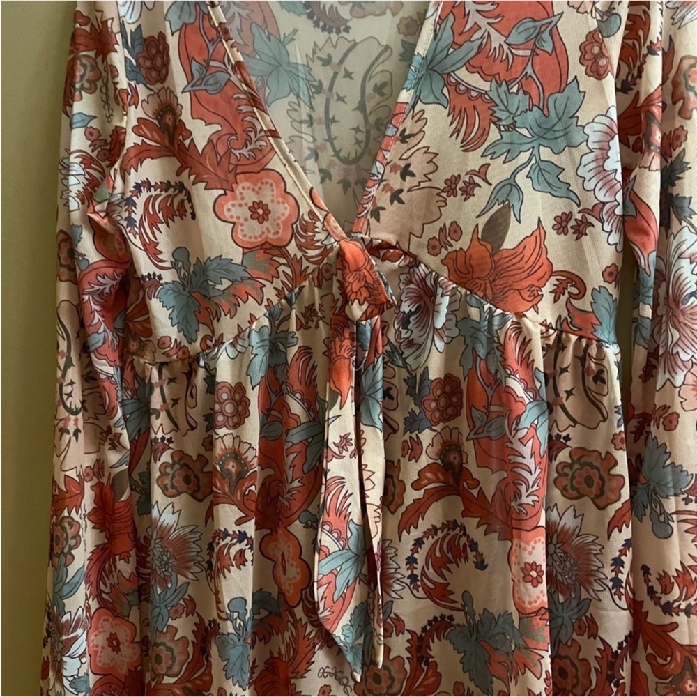 Red and Pink Floral Long Sleeve Blouse with Tie Front - Picture 5 of 5